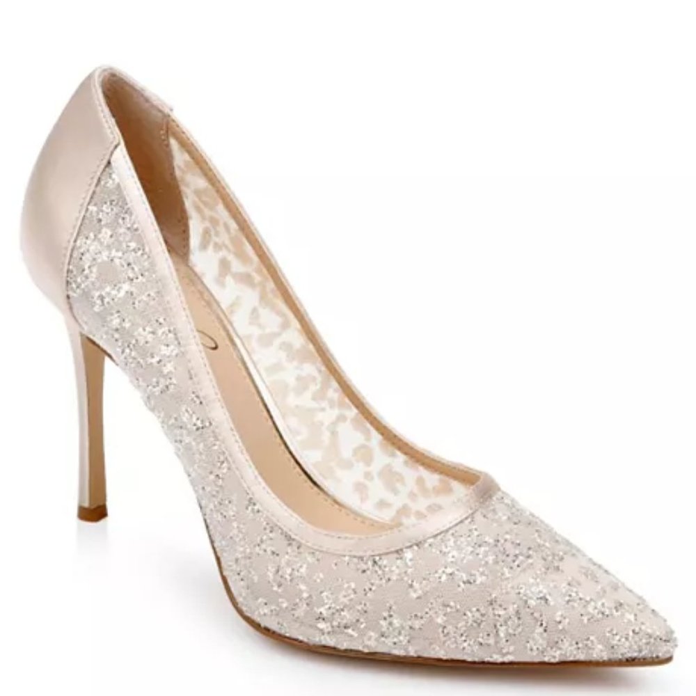 New!  Jewel BADGLEY MISCHKA Champagne Satin w/Glitter Mesh High Heels 8.5M